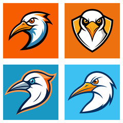 Obraz premium Collection of four stylized bird head logos in square frames with orange and blue backgrounds