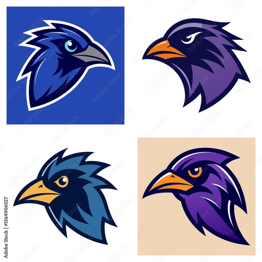Aufkleber four stylized bird head illustrations in different color schemes and background variations showcase 