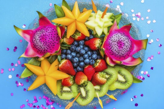 Colorful tropical fruit platter with dragon fruit, kiwi, and berries on a vibrant blue background