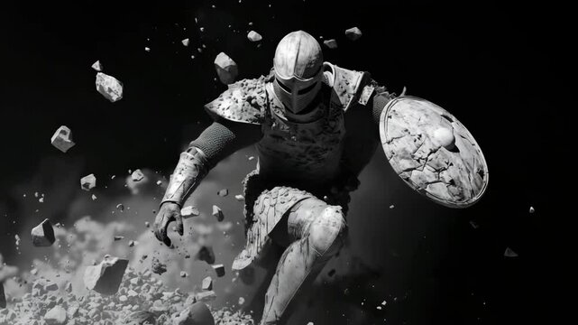 Armored warrior in epic battle: dynamic charge through debris and chaos