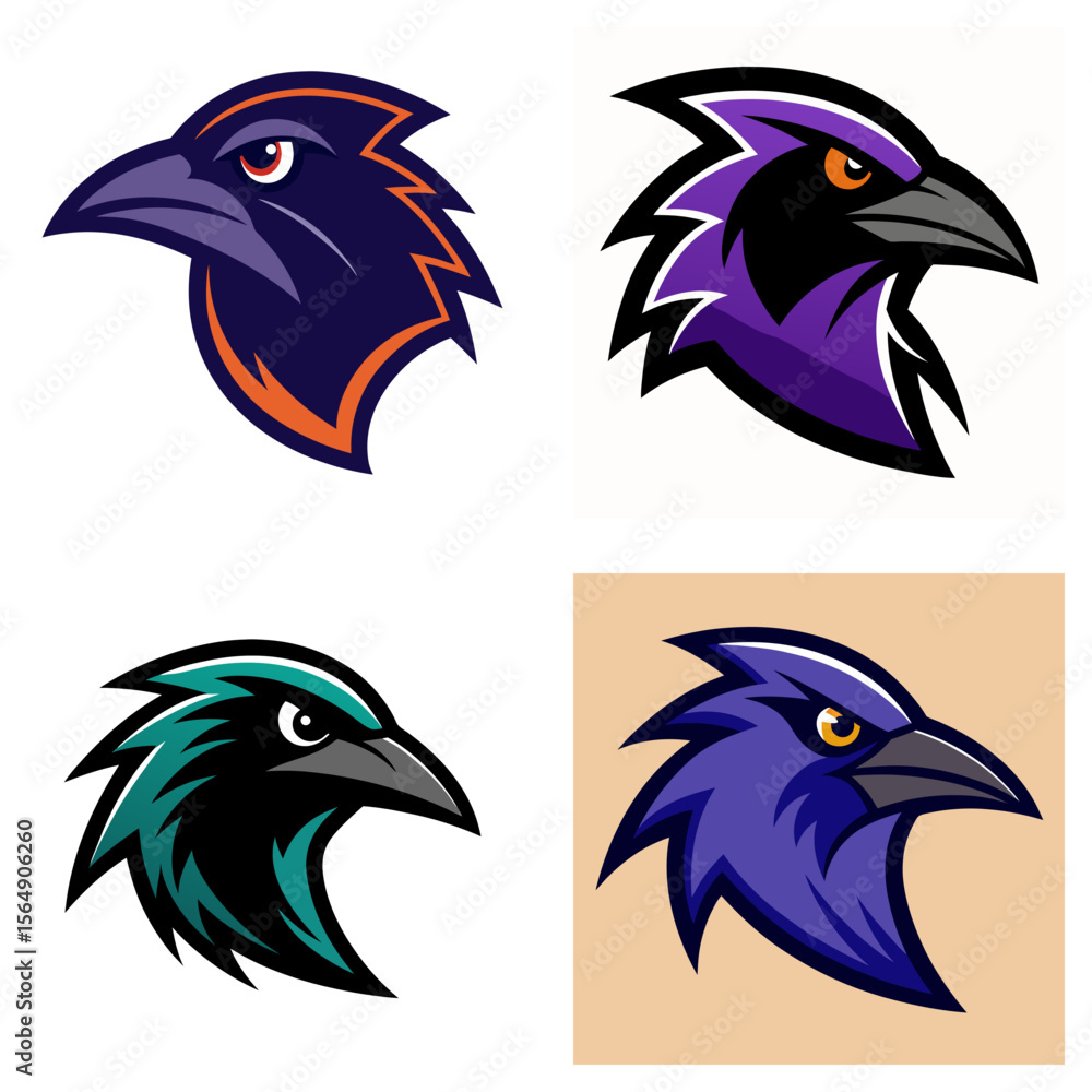 Aufkleber four raven head illustrations in different color schemes and styles on a white background view
