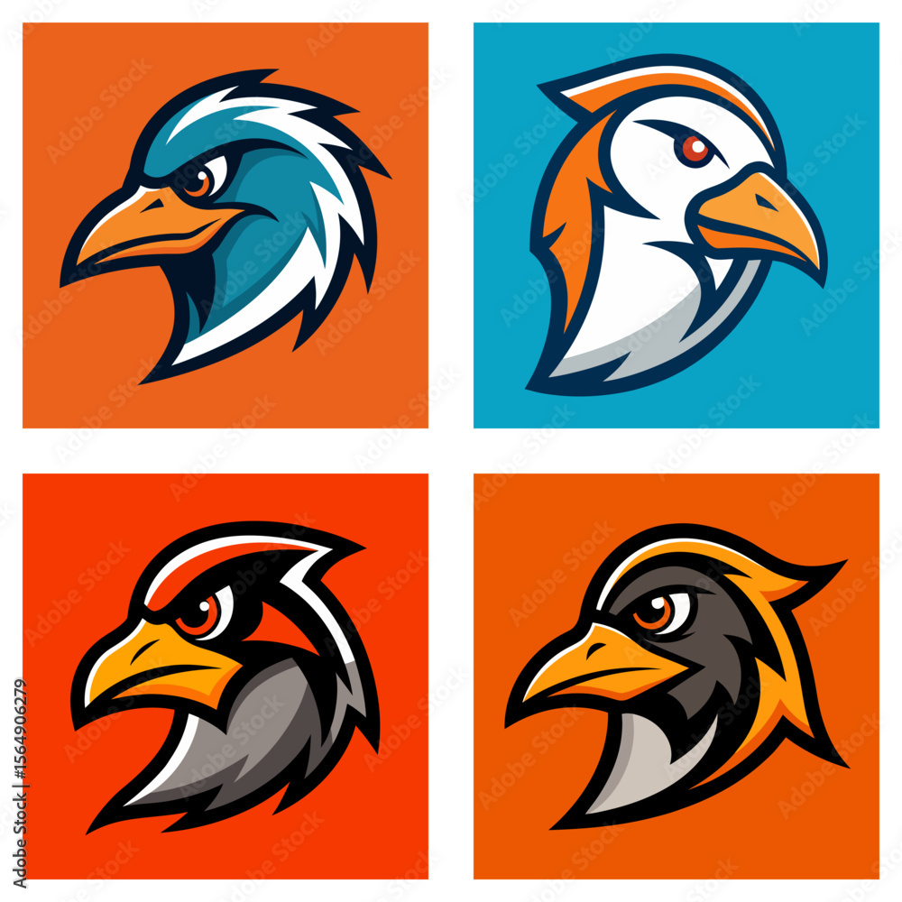 Poster four square panels displaying stylized bird head logos in various color schemes and designs