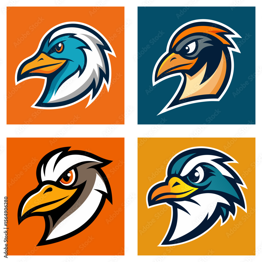 Poster illustration showing four square images of different bird head designs with various color schemes