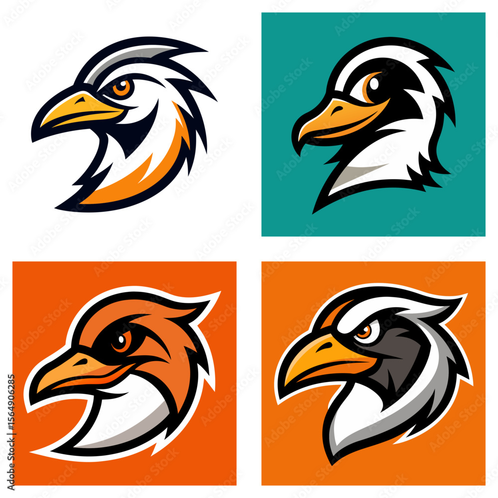 Aufkleber four square images showing different color variations of a bird head logo with a sharp beak design c