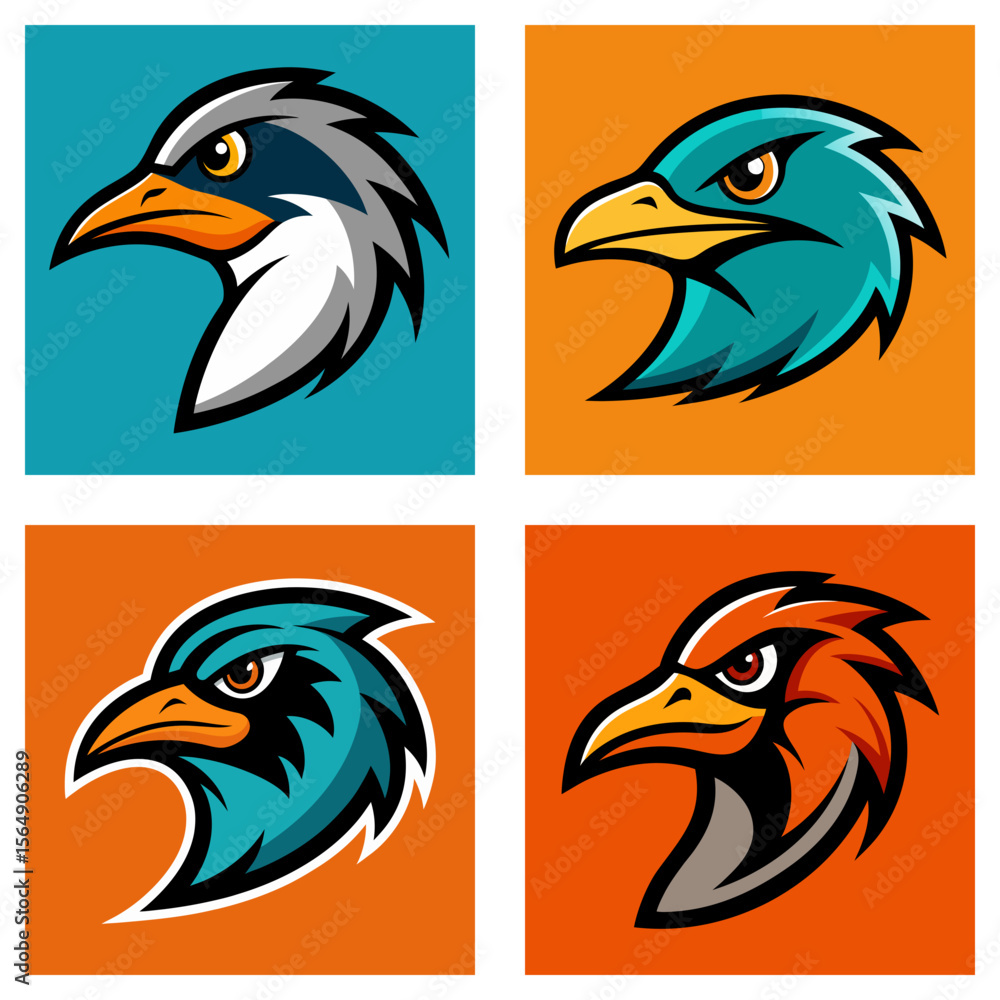 Poster four square panels displaying stylized bird head logos with different color schemes and background c