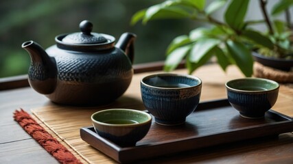 A charming arrangement of cups and teapots sits on a rustic wooden table, ready for a warm, relaxing tea time.