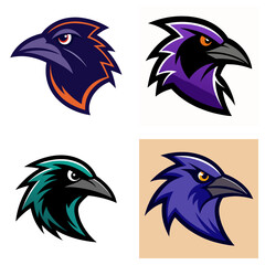 Fototapeta premium Four raven head illustrations in different color schemes and styles on a white background view