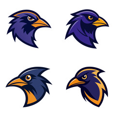 Obraz premium Four stylized bird head logos with purple and yellow colors on a white background are displayed here