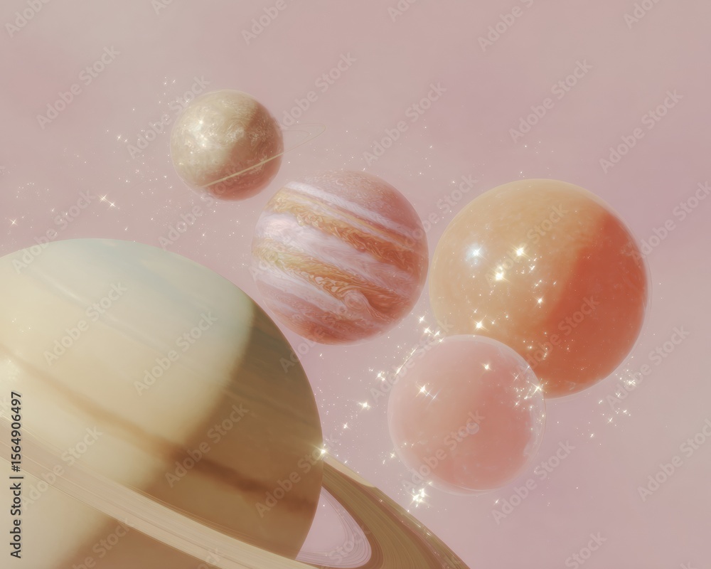 Poster Soft Pastel Planet Alignment with Glowing Highlights in Space for Digital Science Campaigns Promoting Cosmic Balance and Discovery