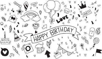 Happy Birthday Banner Doodle Vector with Balloons, Cake, Love Icons, Hand Drawn Sketch Style, Party Celebration, Transparent Background