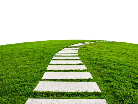 Stone path winding uphill stands out against rich green grass. Great for promoting outdoor activities, nature walks, and wellness retreats.