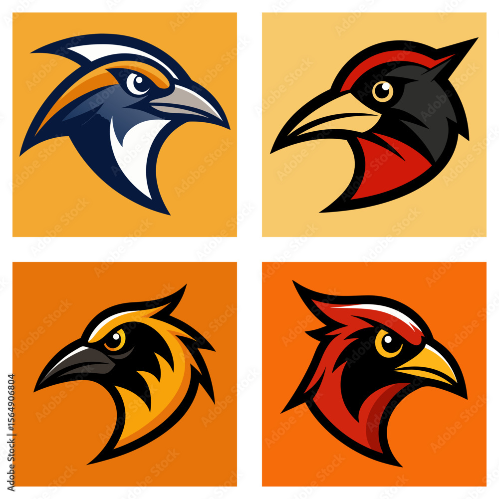 Aufkleber four bird head logos in different color schemes on square backgrounds in a graphic design layout sty