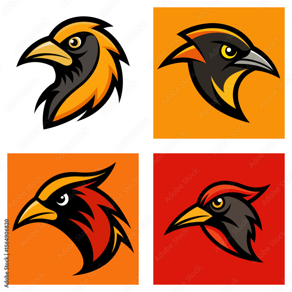 Poster four bird head illustrations in different color schemes and square backgrounds are displayed here