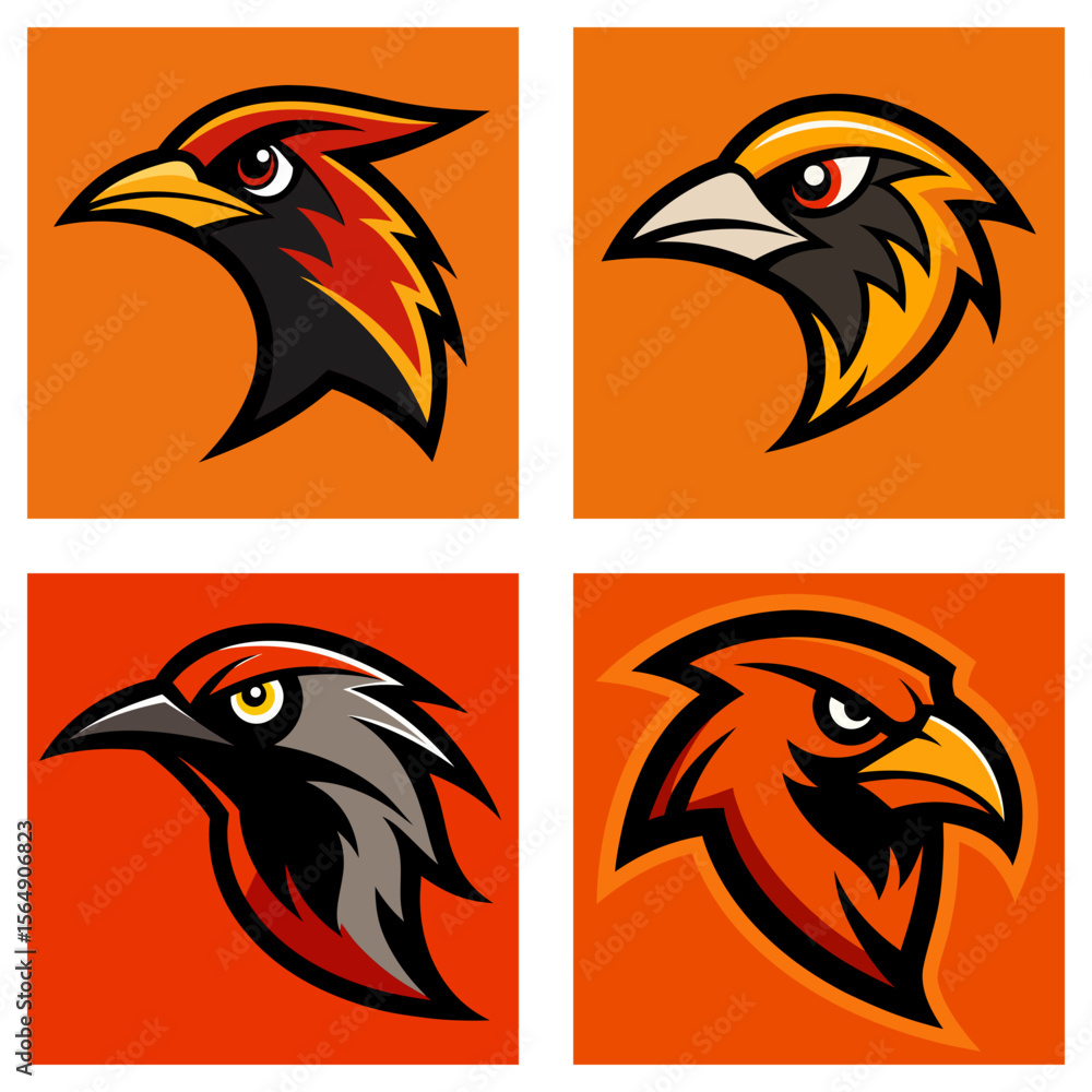 Aufkleber four square images displaying various stylized bird head logos on an orange background in a grid pat