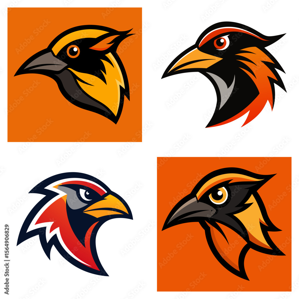 Poster collection of four bird head logos in different styles and color schemes on a white background