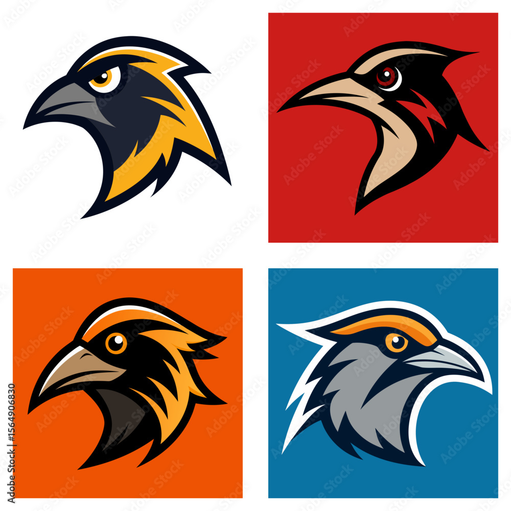 Poster four stylized bird head logos with different color schemes on square backgrounds are displayed