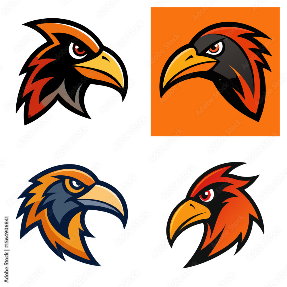 Poster four stylized bird head illustrations with varied color schemes and aggressive expressions displayed
