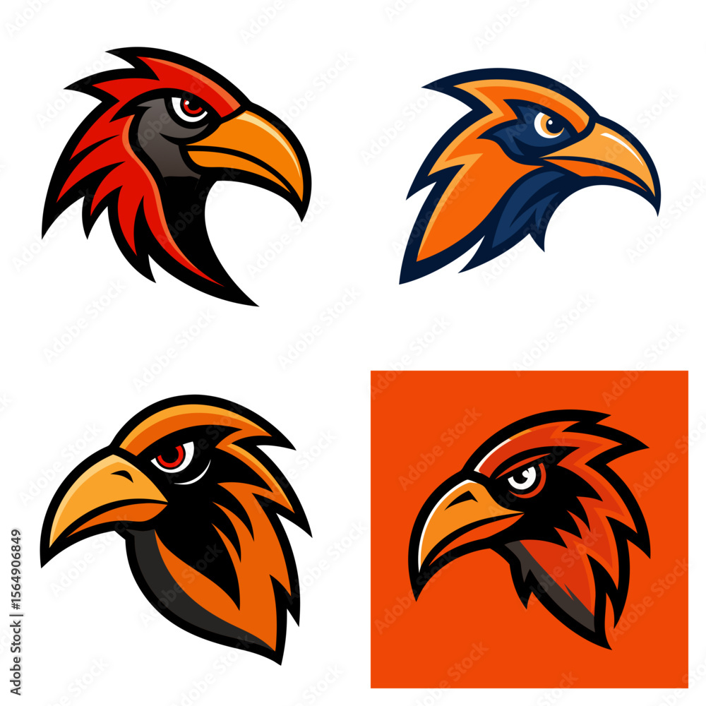 Poster four stylized bird head logos with different color schemes and backgrounds displayed together