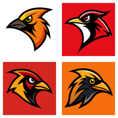 Obraz premium Four cardinal bird head illustrations with different color schemes and square backgrounds shown together