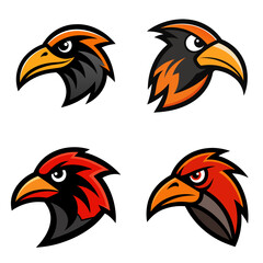 Collection of four stylized bird head illustrations with varied color schemes and expressions shown