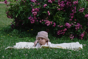 Child Lying on Blanket Surrounded by Pink Flowers