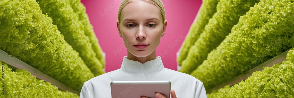 Poster Premium modern female scientist using digital tablet in high-tech vertical farming lab authentic sustainable agtech innovation for professional marketing content