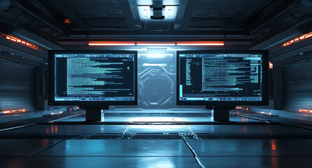 Obraz premium Futuristic Dual Monitors Displaying Code in High-Tech Office