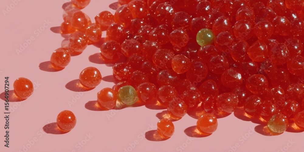 Poster close-up of vibrant red silica gel beads clustered on pink background symbolizing advanced desiccati