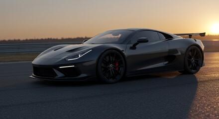 Fototapeta premium Black sportscar on asphalt track at sunset
