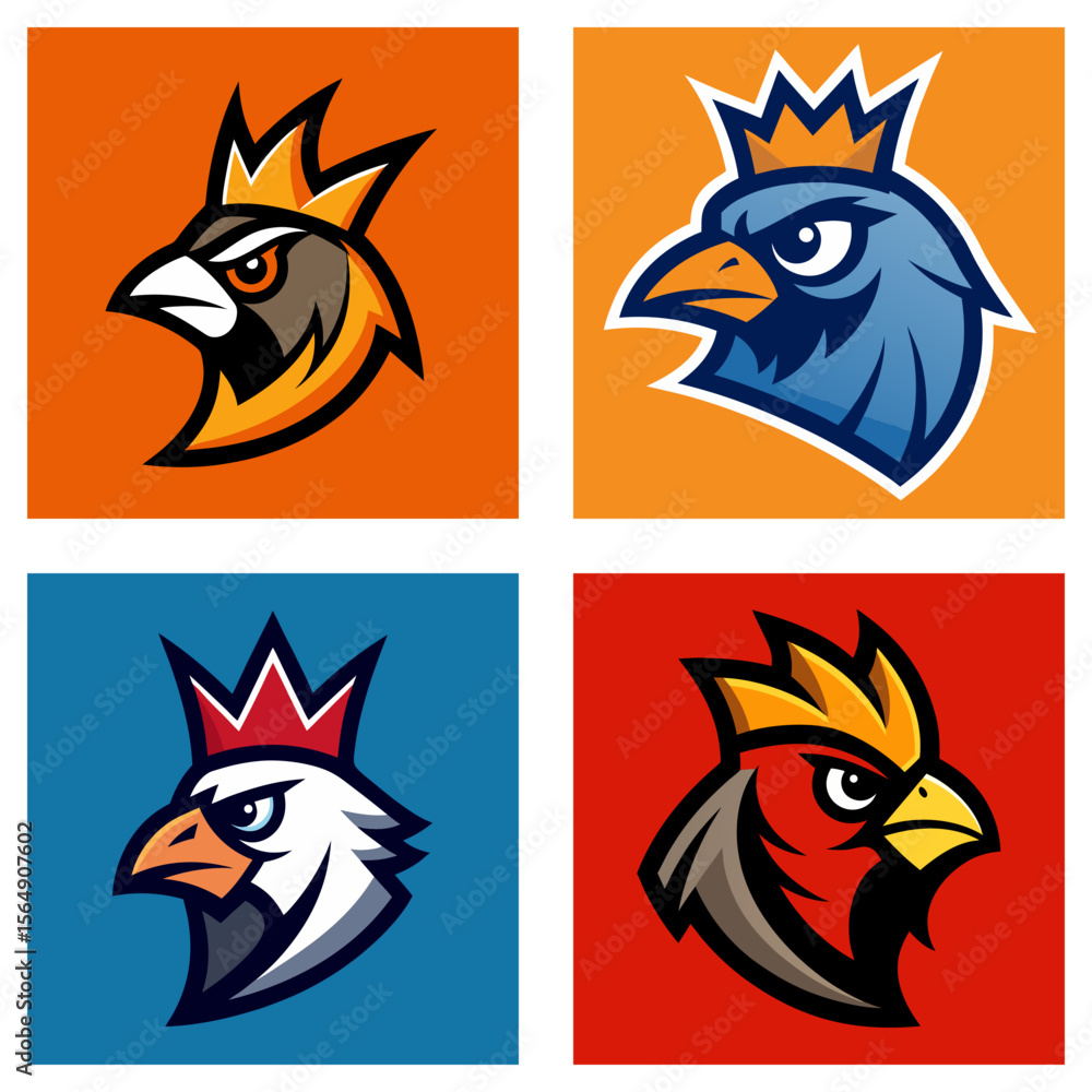 Poster four square images showing different colored bird heads wearing crowns with various backgrounds and 