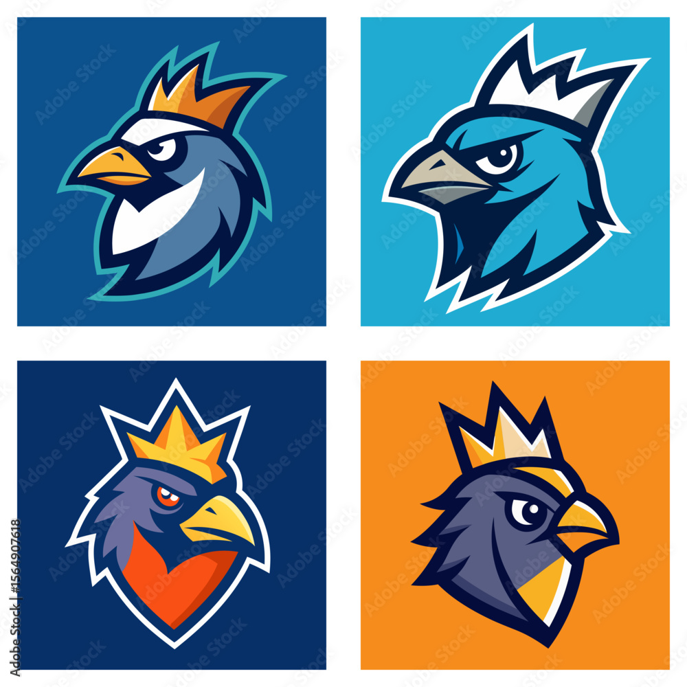 Poster four square images displaying bird mascots wearing crowns in various color schemes and background co