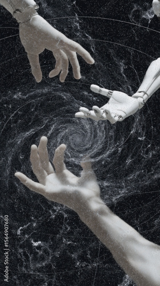 Poster futuristic human and robot hands reaching out with cosmic background symbolizing connection, innovat
