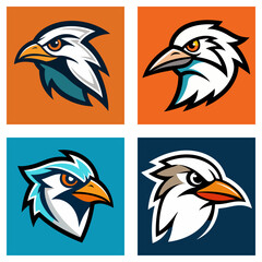 Obraz premium Collection of four square images featuring stylized bird head logos with different color palettes and backgrounds