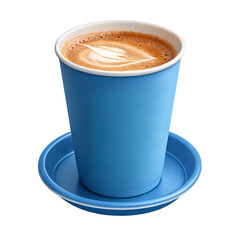 Blue paper cup of coffee with latte art on a matching saucer