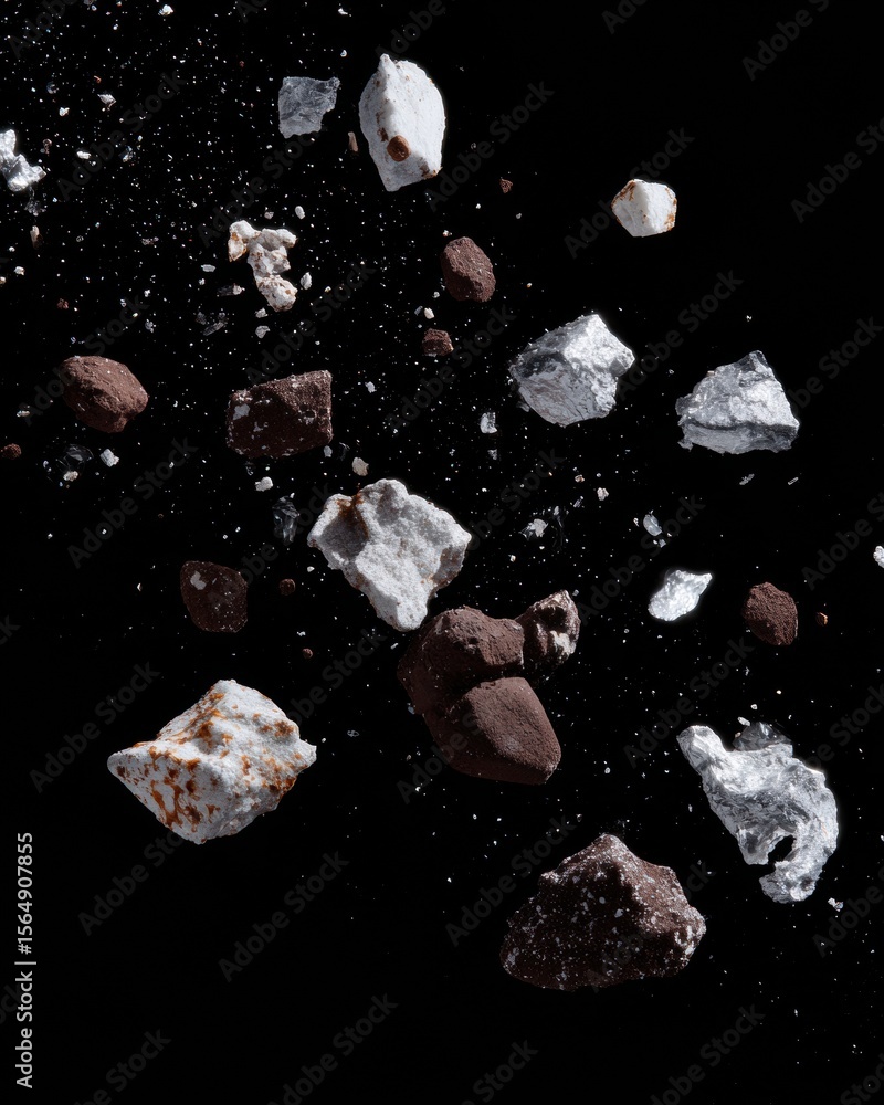 Poster Dynamic Asteroid Debris Field Floating in Space with Textured Stone Fragments and Dust Particles for Cosmic Exploration and Discovery Concepts