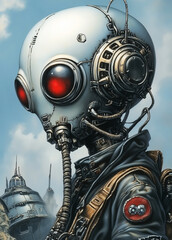 Science-fiction retro-futuristic fantasy: cyborg partial organic and partial techno, whimsical portrait