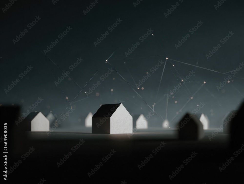 Poster Futuristic Blockchain Network Connecting Minimalist House Models on Digital Grid for Secure Real Estate Investment and Property Ownership in Fintech