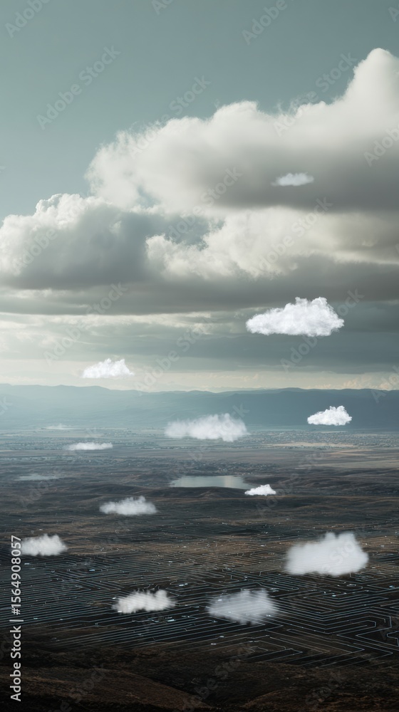 Poster vertical aerial view of solar farm under cloudy sky with floating digital cloud symbols representing