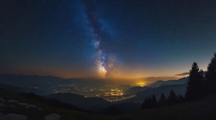 Fototapeta premium Beautiful night sky with the Milky Way, a starry background, and a panoramic view from an earthly perspective. The dark blue Milky Way galaxy in the universe.
