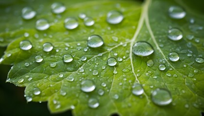 Close-Up of Dew Drops on Green Leaf. This image highlights the delicate beauty of nature, showcasing the intricate details of dew-covered leaves, suitable for environmental and botanical projects.