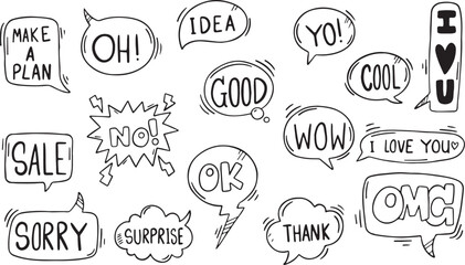 Comic Style Word Bubble Doodles, Hand Drawn Vector Speech Set with OH, GOOD, IDEA, OK, WOW, Cartoon Expressions, Transparent Background