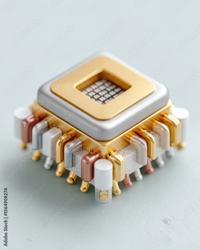 Poster Quantum computer gold and silver processor chip featuring intricate design and advanced hardware components for cutting-edge technology and computing innovation