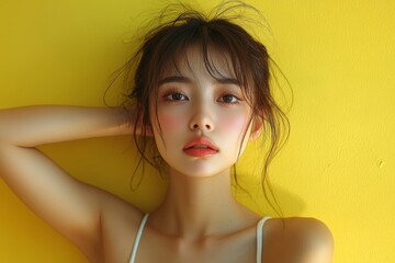Face expression of human: Asian beautiful female feeling the summer weather, shot in a yellow background studio, Generative AI