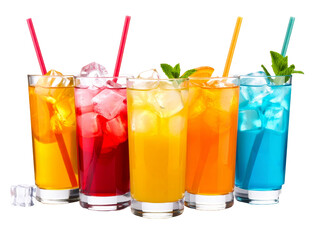 Five colorful iced drinks with mint garnish in glasses. Perfect for summer menu design, beverage advertising, restaurant promotions, or party invitations.