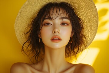 Face expression of human: Asian beautiful female feeling the summer weather, shot in a yellow background studio, Generative AI