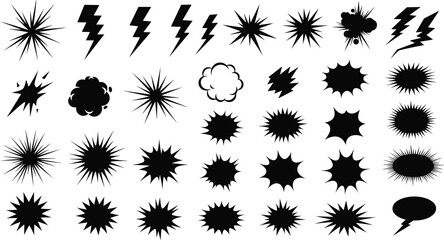 Comic burst explosion vector, comic boom elements, and speech bubbles in black silhouettes. Ideal for comic designs, pop art, and retro style illustrations