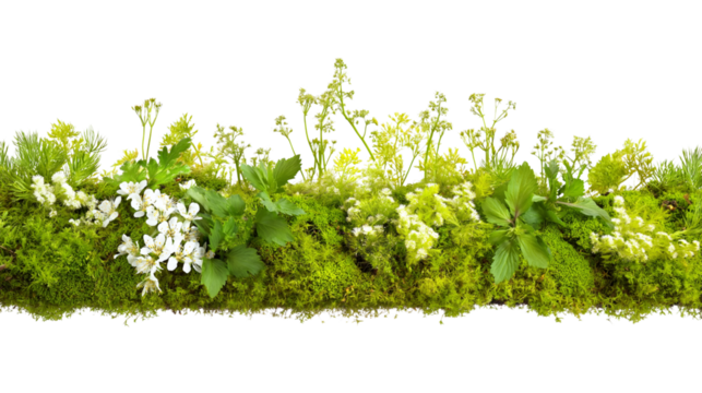border featuring lush green plants and delicate white flowers isolated on white background