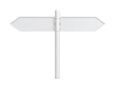 Two blank white arrow signs on a pole, ideal for directional concepts, traffic and road signage, indicating choices and navigation.