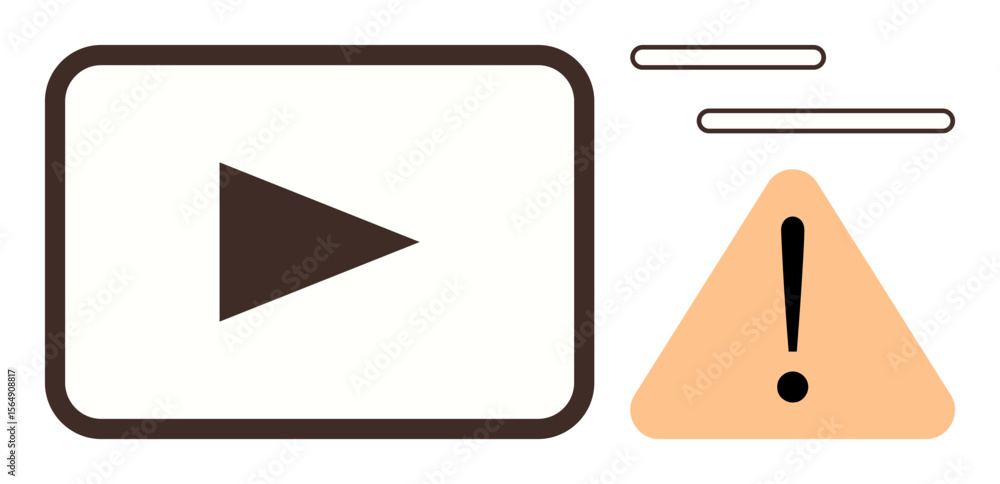 Poster play button in a rectangle alongside an orange triangle with exclamation mark and motion lines. idea
