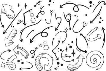 Doodle Arrows and Swirls Vector Collection, Hand Drawn Direction Icons, Sketch Elements, Black and White Abstract Set, Transparent Background